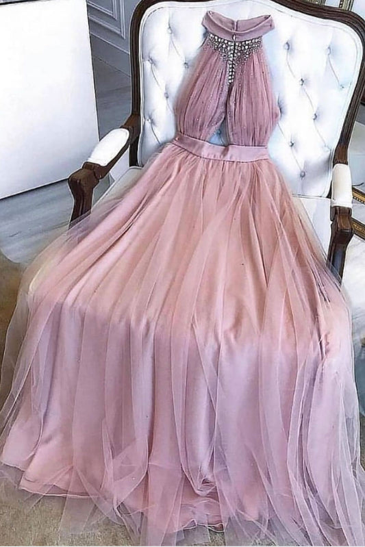 Pink tulle long prom dress, pink tulle evening dress