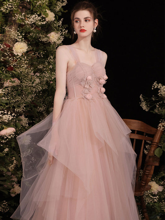 Pink sweetheart neck tulle long prom dress, pink bridesmaid dress
