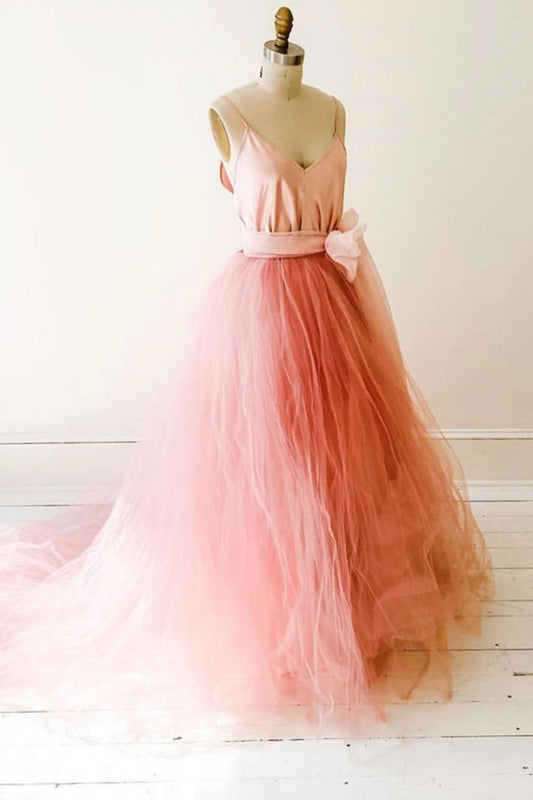 Pink v neck tulle long prom dress pink tulle formal dress