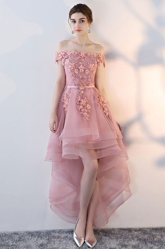 Pink tulle lace off shoulder short prom dress pink homecoming dress