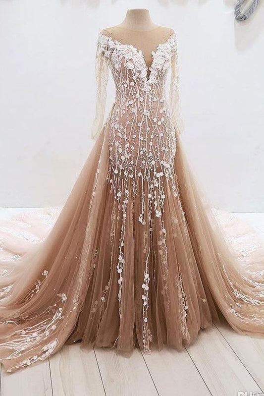 Champagne tulle lace long prom dress, champagne tulle evening dress