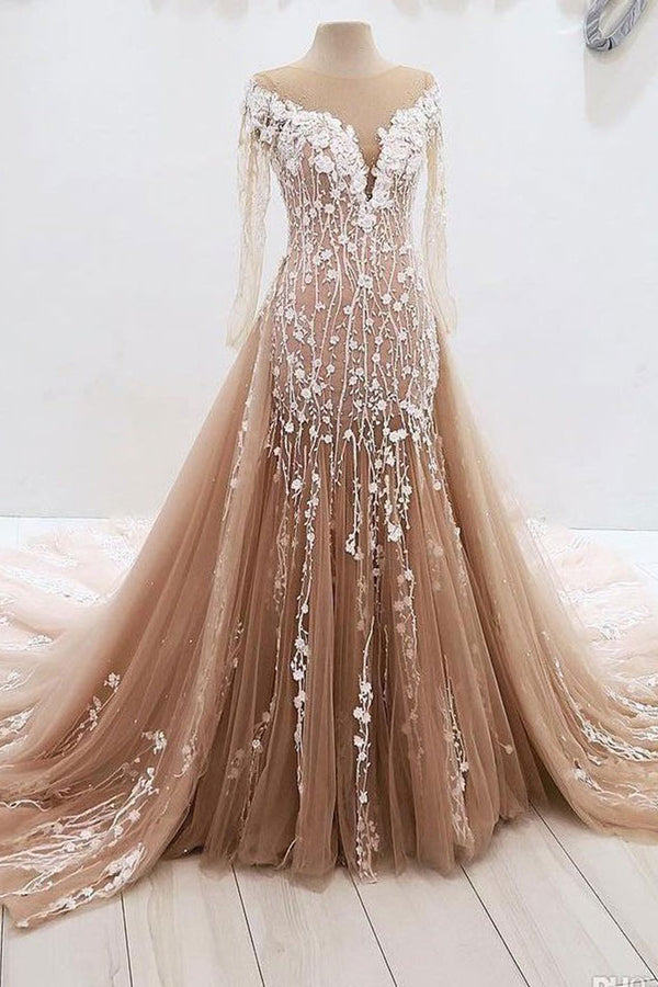 Champagne tulle lace long prom dress, champagne tulle evening dress