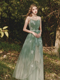 Green tulle lace long prom dress, green tulle formal dress