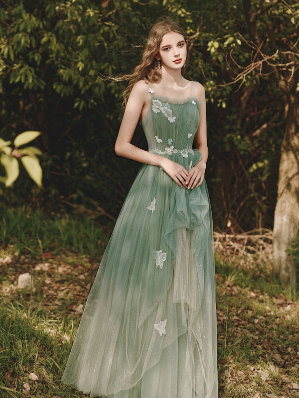 Green tulle lace long prom dress, green tulle formal dress