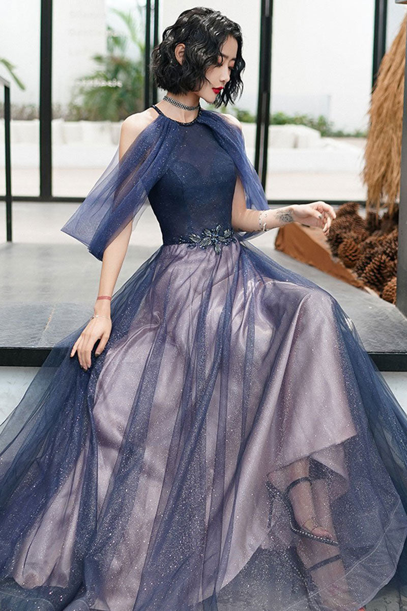Blue tulle long prom dress blue tulle formal dress