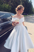 White off shoulder satin tea length prom dress white evening dress