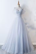 Gray sweetheart tulle long prom dress, gray evening dress