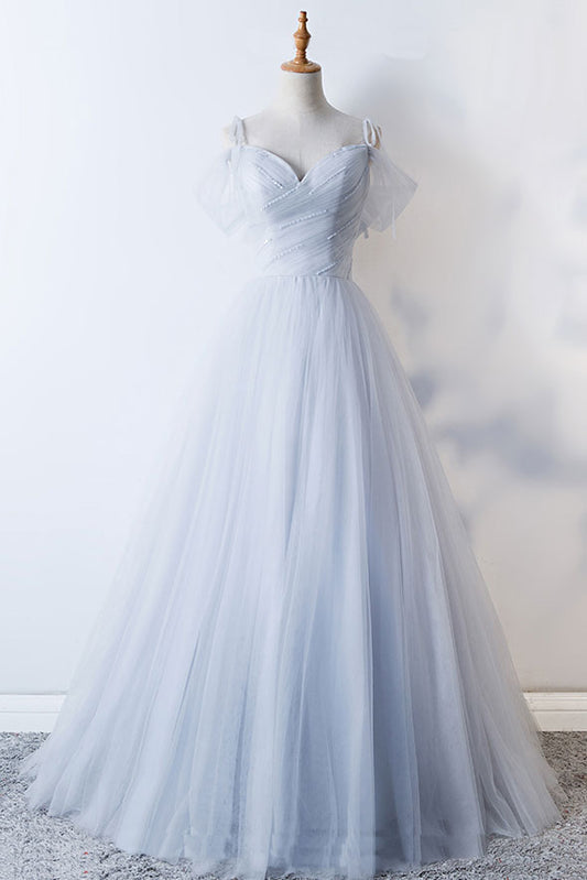 Gray sweetheart tulle long prom dress, gray evening dress