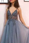Gray v neck tulle beads long prom dress gray tulle formal dress