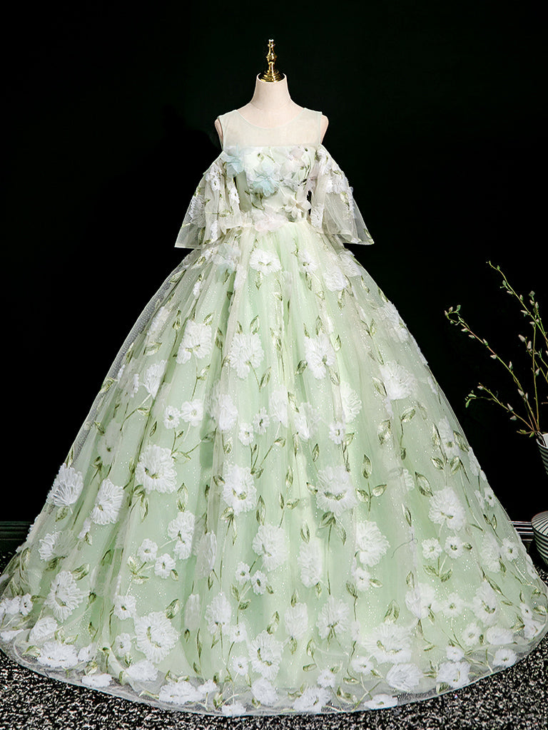 A-Line Off Shoulder Tulle Lace Green Long prom Dress, Green Long Evening Dress