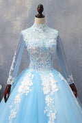 Blue tulle lace long prom dress, blue tulle lace evening dress