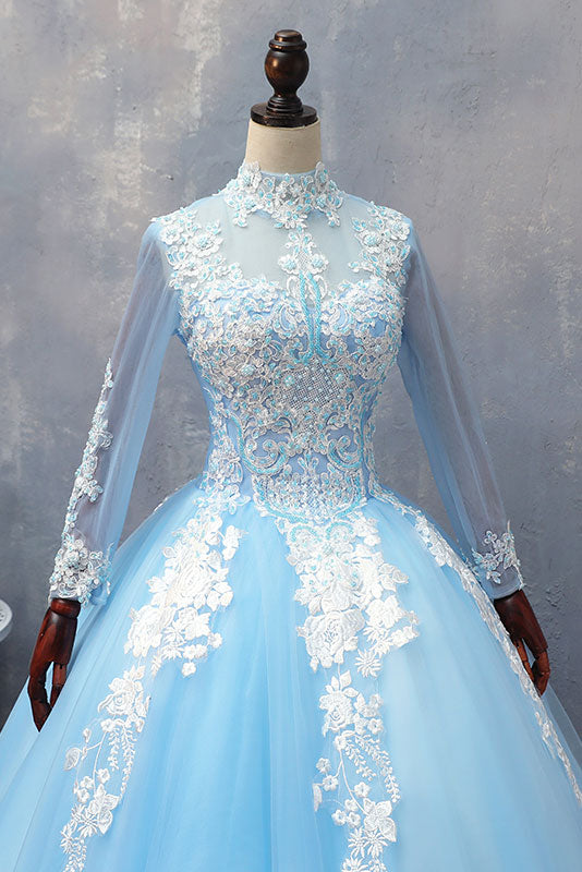 Blue tulle lace long prom dress, blue tulle lace evening dress