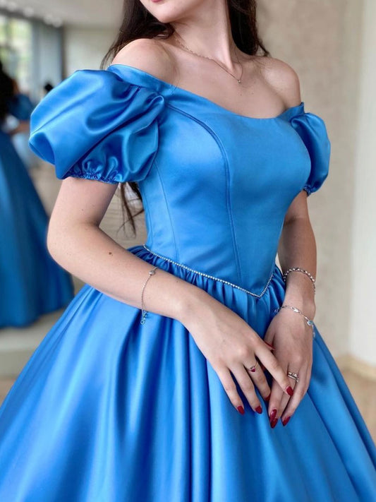 Blue Satin Long Prom Dress, A Line Long Blue Graduation Dresses