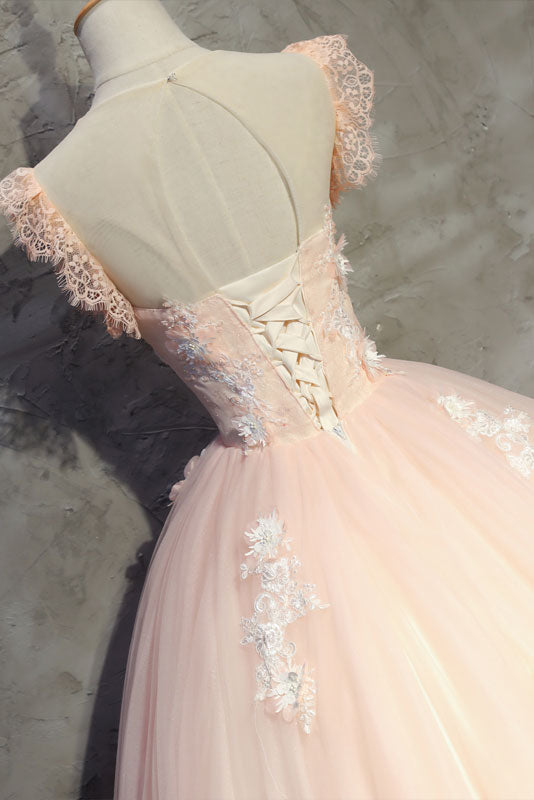 Pink tulle lace long prom dress, pink tulle evening dress