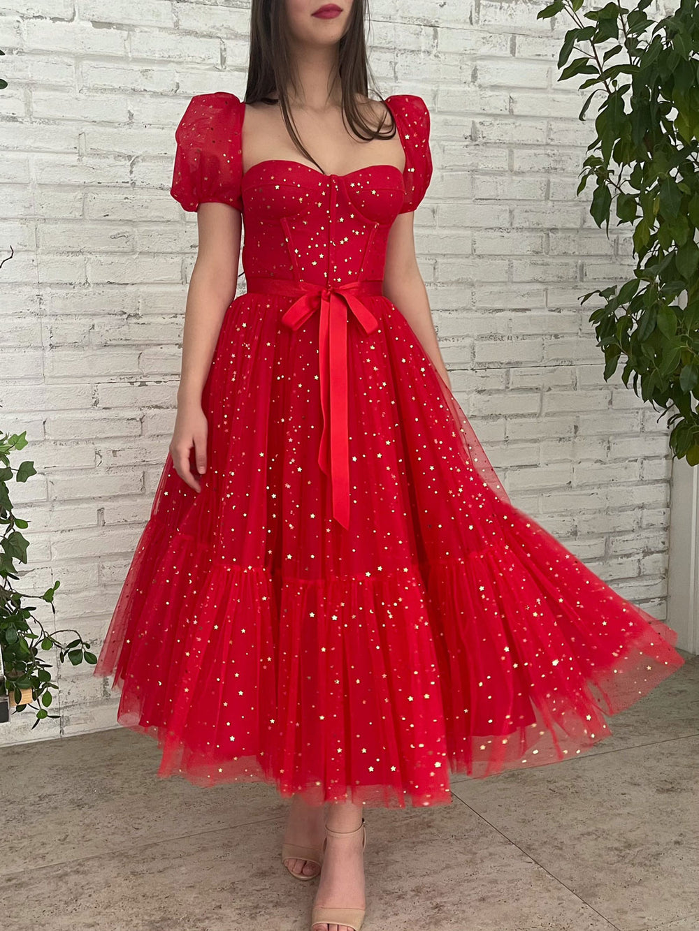 Red tulle tea length  prom dress, tulle bridesmaid dress