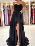 Black sweetheart A line chiffon lace long prom dress, black evening dress