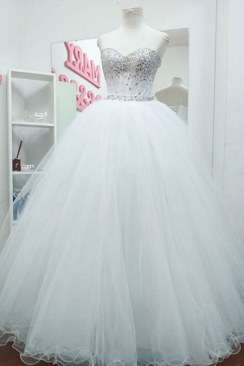 White sweetheart tulle long prom dress white evening dress