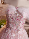 A-Line Off Shoulder Tulle Lace Pink Long Prom Dress, Pink Evening Dress