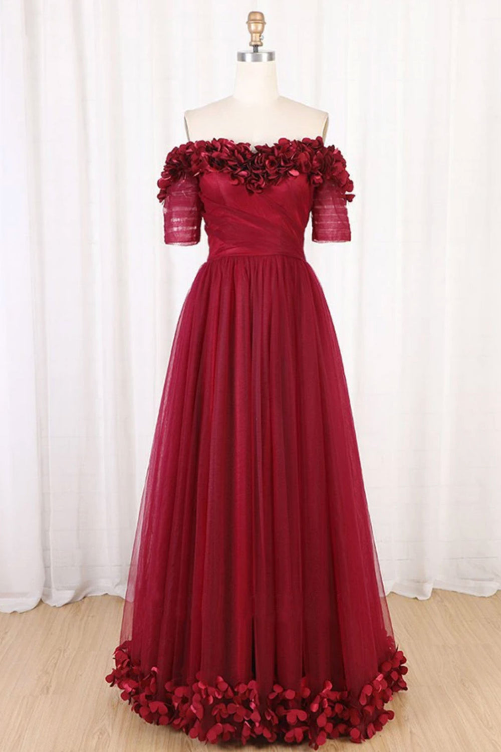 Burgundy tulle off shoulder long prom dress burgundy evening dress