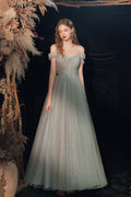 Gray Green off shoulder tulle long prom dress gray tulle formal dress