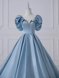 A-Line Satin Blue Long Prom Dress, Blue Satin Long Formal Dress