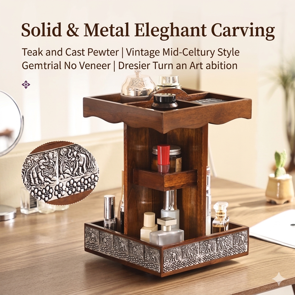 Close-up of the hand-carved pewter elephant metal relief on the base of a teak wood organizer.