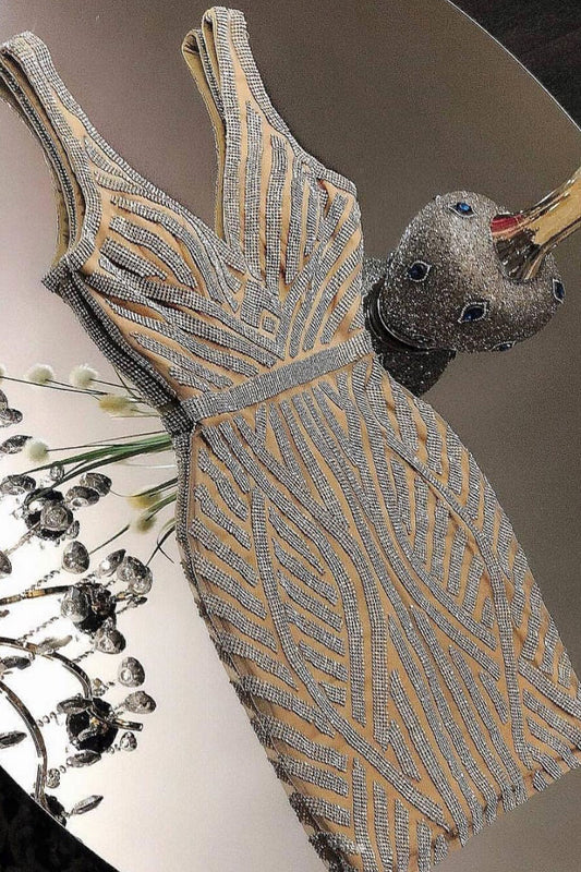 Champagne beads short prom dress, champagne evening dress