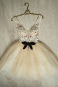 Champagne v neck tulle beads short prom dress tulle homecoming dress