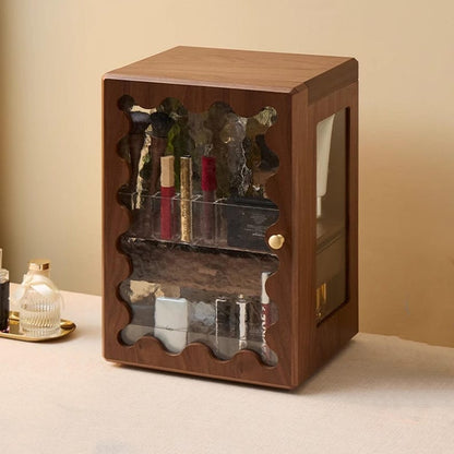 Luxury Walnut Wood Vanity Organizer – High-Capacity Cosmetic Storage Box with Mirror & Drawers