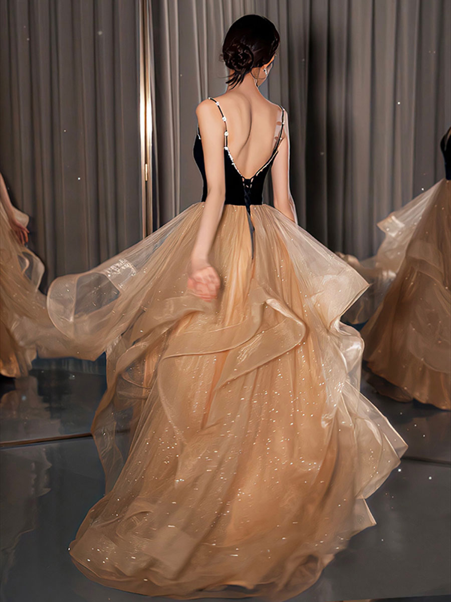 Champagne v neck tulle long prom dress, champagne formal graduation dress