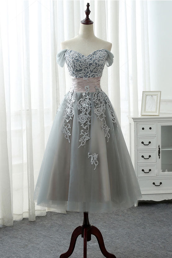 Gray lace tulle prom dress, gray lace evening dress