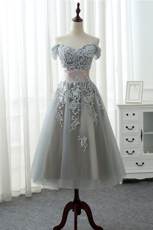 Gray lace tulle prom dress, gray lace evening dress