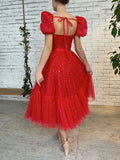 Red tulle tea length  prom dress, tulle bridesmaid dress