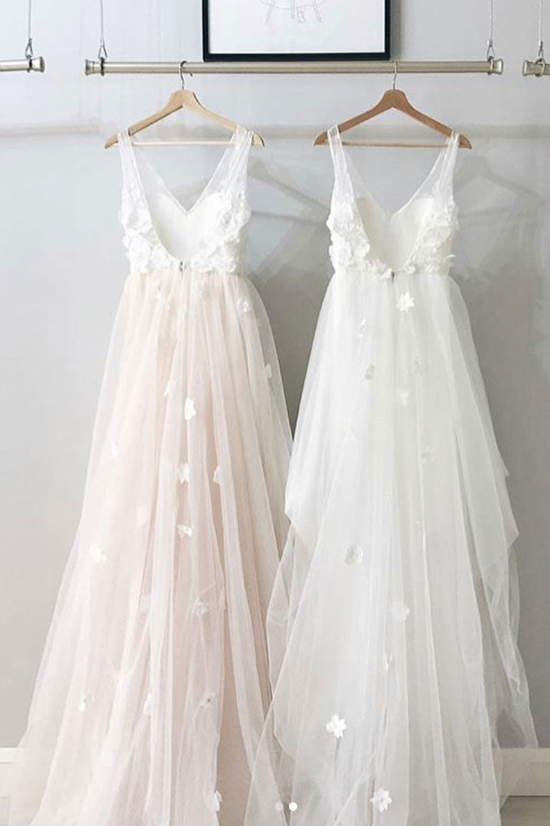 Simple v neck tulle lace long prom dress, lace evening dress