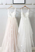 Simple v neck tulle lace long prom dress, lace evening dress