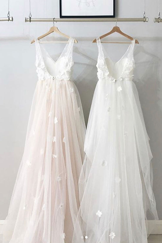 Simple v neck tulle lace long prom dress, lace evening dress