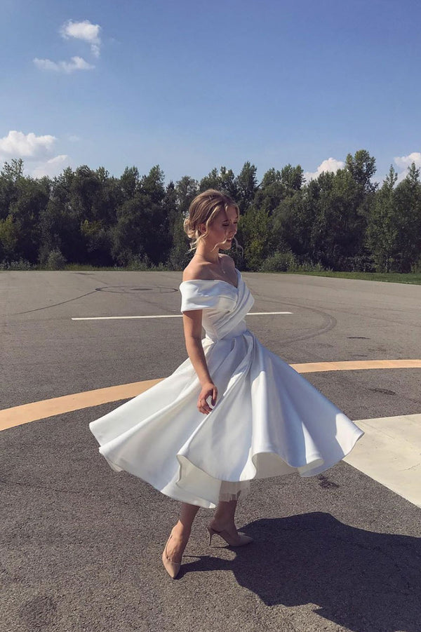 White off shoulder satin tea length prom dress white evening dress