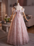 A-Line Off Shoulder Tulle Lace Pink Long Prom Dress, Pink Evening Dress