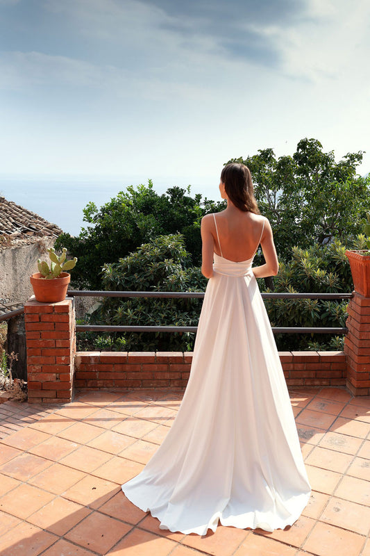 Simple white v neck satin long prom dress white formal dress