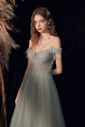 Gray Green off shoulder tulle long prom dress gray tulle formal dress