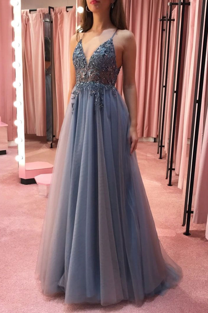 Gray v neck tulle beads long prom dress gray tulle formal dress
