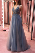 Gray v neck tulle beads long prom dress gray tulle formal dress