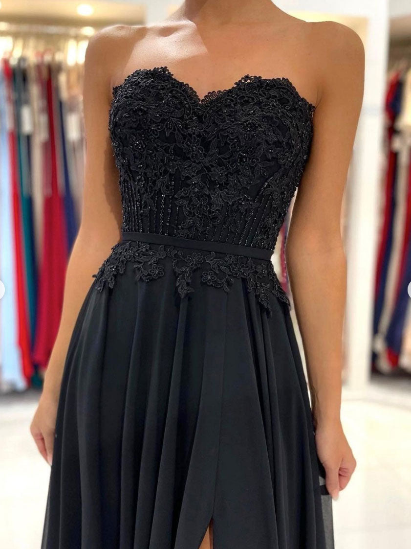 Black sweetheart A line chiffon lace long prom dress, black evening dress