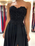 Black sweetheart A line chiffon lace long prom dress, black evening dress