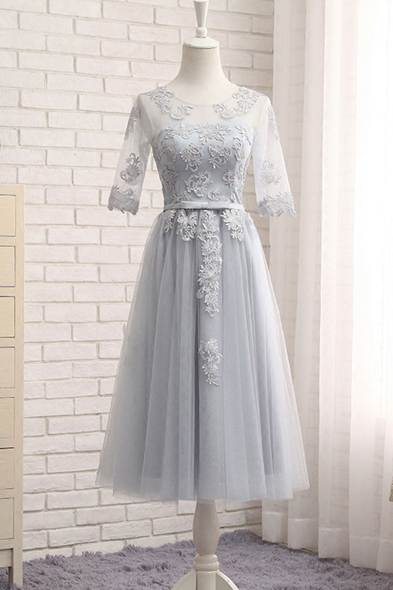 Gray tulle lace long prom dress, gray bridesmaid dress