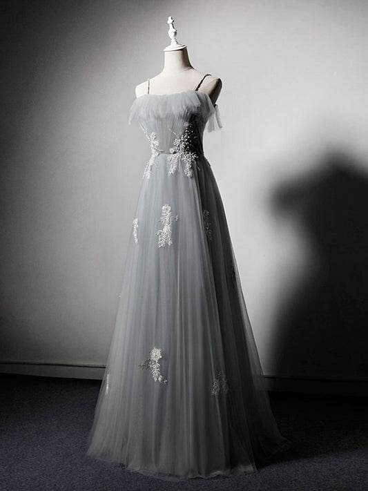 Simple gray tulle lace long prom dress, gray tulle formal dress