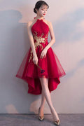 Cute tulle lace applique short burgundy prom dress, homecoming dress