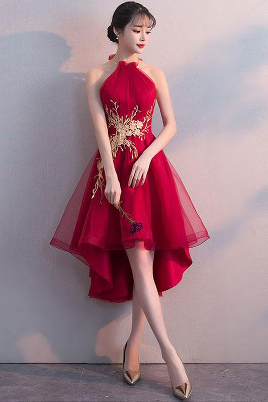 Cute tulle lace applique short burgundy prom dress, homecoming dress