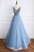 Blue v neck beads sequin tulle long prom dress, blue evening dress