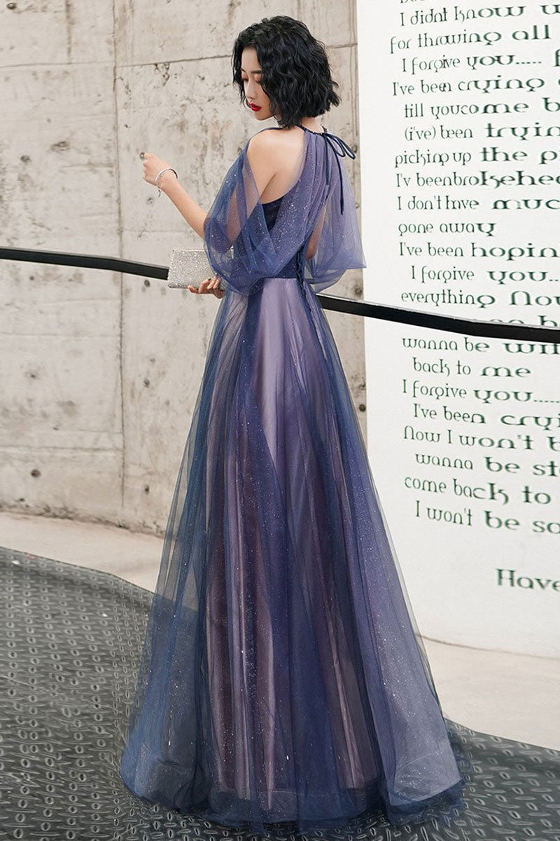 Blue tulle long prom dress blue tulle formal dress